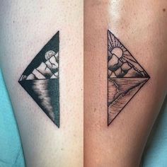 two tattoos on the legs of people that are both showing different shapes and sizes, one is