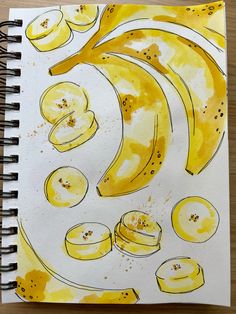 a drawing of banana slices and peeled bananas