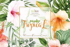 watercolor tropical flowers and greenery with the words paradise triplicaa on it