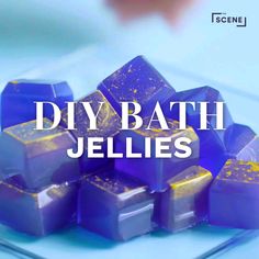 the words diy bath jellies are overlaid with purple and gold cubes