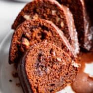 slices of chocolate cake on a white plate