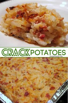 two pictures with different types of food on them and the same one has potato casserole in it