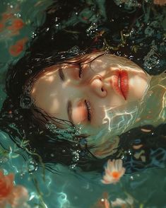 a woman floating in the water with her eyes closed