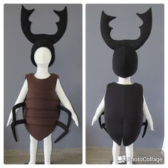 two images of the same costume as they appear in this photo, one is made out of paper and the other has horns on it's head