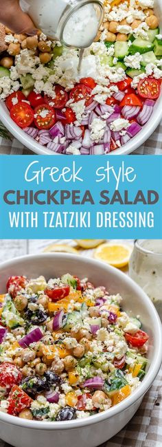 greek style chickpea salad with taziki dressing in a large white bowl