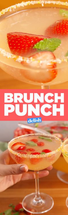 the brunch punch recipe is ready to be served with strawberries and garnishes