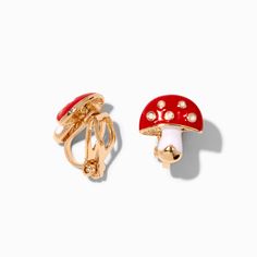 Mushrooms are considered to be lucky symbols! These adorable clip-on earrings feature mushrooms in a lovely shade of red with shiny gold-tone accents. Finish: Gold-tone Closure: Clip-on Material: Metal - Claire's Red Mushroom Clip-On Stud Earrings Tattoo Choker Necklace, Fake Earrings, Jewelry For Kids, Lucky Symbols, Enamel Stud Earrings, Cartilage Earrings Stud, Red Mushroom, Trending Jewelry, Black Choker Necklace