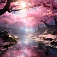 an artistic painting of pink trees and water with the words as creation written below it