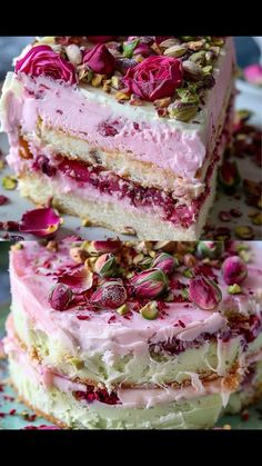 there are two layers of cake with flowers on top and one layer has pink frosting