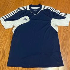 New Without Tags Short Sleeve Jersey-Type Of Shirt Slight V-Neck, Mesh At The Upper Arms Navy Blue And White 100% Polyester Navy Blue Graphic Tee, Adidas Man, Blue T Shirts, Navy T Shirt, Time Clothes, Navy Blue T Shirt, Navy Blue Shirts, Blue Jersey, Fire Fits