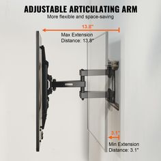 the adjustable articulating arm is shown with measurements for each arm, and has an extra extension