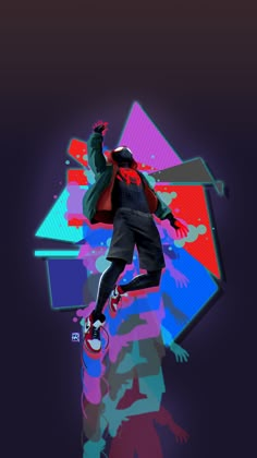 a man riding a skateboard through the air in front of a colorful geometric background