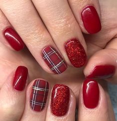 This Pin was discovered by Susie Taylor. Discover (and save!) your own Pins on Pinterest. Short Simple Holiday Nails, Christmas Nails Designs Red, Christmas Ribbon Nails, Christmas Plaid Nails Design, Understated Christmas Nails, Red Plaid Christmas Nails, Red Glitter Nails Short, Red Christmas Nails 2022, Holiday Nails Christmas Dip Powder