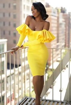 Long Pencil Dress, Dirndl Dress, Elegant Midi Dresses, Yellow Midi Dress, Dress With Ruffles, African Dresses For Women, Slim Dresses, Midi Dress With Sleeves, Mellow Yellow