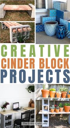 several different pictures with the words creative cinder block projects on them and photos of various planters