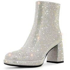 PRICES MAY VARY. HEEL HEIGHT: The sparkle boot heeled height is approximately 3.3 inches/8.4 cm. Wear Comfortable and Sexy, beauty. DESIGN: The shiny mid heel boots square round toe designer &bling studded diamonds design make up a fashion combination. The block boots take inspiration from the star sparkling pearl. Cute crystal boots metallic zipper design and trendy unique chunky heel add to the overall glory and glam, which attracts the eye. MATERIAL: The sequin botines de mujer are trimmed wi Silver Sparkly Boots, Formal Silver Sparkling Boots, Elegant Silver Sparkling Boots, Sparkly Combat Boots, Silver Glitter Heel Boots, Grey Sparkle Boots, Glitter Wedding Shoes, Sequin Boots, Mid Heel Boots