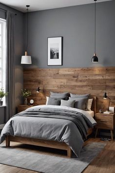 a bedroom with gray walls and wooden headboard on the wall, along with a large bed