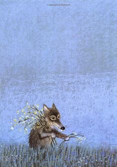 a painting of a wolf with flowers in it's mouth