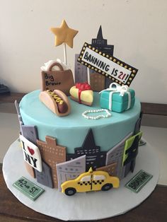 a birthday cake decorated with various things on it