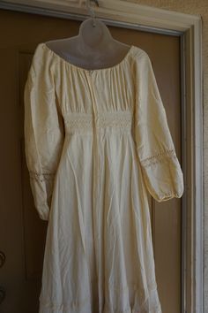 "Gunne sax size small prairie dress. Zips in the back. Condition - has some light yellow staining shown in last two photos. Measurements taken across front laid flat 21\" across front armpit to armpit 12.5\" across front of waist (ties tighter) 57\" length" Cream Prairie Dress With Lace Trim, Vintage Beige Prairie Dress, Vintage Beige Prairie Dress With Lace Trim, Vintage 70s Prairie Dress, 1970s Long Sleeve Prairie Dress, On Or Off, Beige Dress, Gunne Sax, Prairie Dress