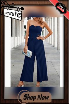 Navy Blue Smocked Tube Wide Leg Casual Jumpsuit Blue Jumpsuit With Smocked Back, Blue Sleeveless Jumpsuit With Smocked Back, Sleeveless Blue Jumpsuit With Smocked Back, Blue Casual Jumpsuits With Smocked Bodice, Blue Sleeveless Jumpsuits And Rompers With Smocked Bodice, Blue Sleeveless Jumpsuit With Smocked Bodice, Casual Jumpsuit, Jumpsuit Romper, Wide Leg