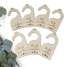 six wooden baby bibs with numbers and stars on them next to some eucalyptus leaves