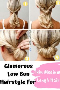 Low Bun Ideas For Medium Hair, Low Chignon Short Hair, Simple Low Bun Medium Hair, Low Bun Fine Hair, Bridesmaid Updo For Fine Hair, Bun How To Medium Hair, Low Bun Ideas For Short Hair, How To Do A Low Bun With Medium Hair, Messy Low Bun Tutorial For Medium Hair