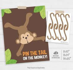 a card with a monkey on it and the words pin the tail on the monkey