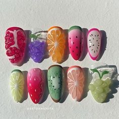 Fruit Gel Nails, Summer Nails Fruit, Cute Summer Nail Ideas, Vibrant Summer Nails, Fruit Nail, Food Nails