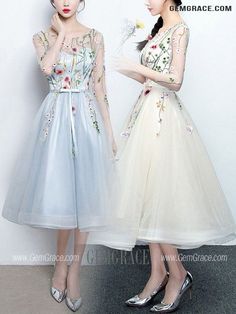 10% off now|Free shipping world-wide. Floral Champagne Tulle Party Dress With Sheer Sleeves at GemGrace. Click to learn our pro custom-made service for wedding dress, formal dress. View #HomecomingDresses for more ideas. Tulle Party Dress, Cheap Homecoming Dresses, Homecoming Dresses Long, Formal Party Dress, Sheer Sleeves, Semi Formal, Homecoming, Homecoming Dresses, Graduation Dress