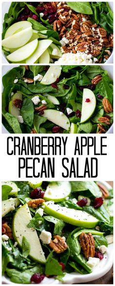 a salad with apples, pecans and cranberries in it on a white plate