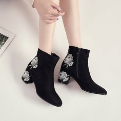 Autumn and Winter Black Floral Embroidery Ankle Boots on Storenvy Winter Embroidered Heeled Boots With Round Toe, Embroidered Round Toe Heeled Boots For Fall, Embroidered Heeled Boots With Round Toe For Fall, Fall Embroidered Round Toe Heeled Boots, Trendy Embroidered Winter Boots, Embroidered Closed Toe Winter Boots, Fall Embroidered High Heel Boots, Black Floral Embroidery Boots For Fall, Black Embroidered Boots With Round Toe