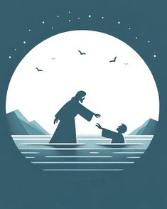 a man and child are in the water under a full moon with seagulls