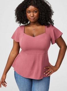 FIT Model is 5'10” wearing size 1. . Measures 28” from shoulder (size 2). MATERIALS + CARE Challis woven fabric: New, improved, and loved by all—and still lightweight, drapey, and (really! ) machine-washable. . Stretch level: None. . 82% rayon, 18% polyester. Machine wash cold. Line dry. Imported. DETAILS Sweetheart neckline. Short sleeves. Peplum detail. The best plus size women's peplum sweetheart top tops in wild ginger made of washchallis. Torrid is your destination for cozy fall and winter Short Sleeve Peplum Top, Wild Ginger, New Street Style, Shoes For Leggings, Pretty Blouses, Peplum Styles, Flutter Sleeve Top, Beautiful Blouses, Fresh Start