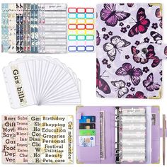 the contents of a planner with butterflies on it and other items in front of it