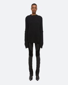 Helmut Lang Distressed Ribbed Sweater |HELMUTLANG.COM Garment Manufacturing, Denim T Shirt, Denim Outerwear, Back Women, Merino Wool Sweater, Short Coat, Outerwear Sweater, Helmut Lang, Ribbed Sweater