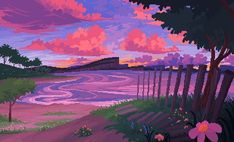 a painting of a sunset with pink clouds and purple flowers on the ground next to a fence