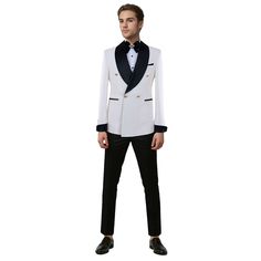 Package Includes: 1 x Jacket - 1 x Pant

Experience elegance with our White and Black Double Breasted Tuxedo. Designed for the modern minimalist, this tuxedo features a striking black lapel, exquisite golden brass buttons, and impeccably tailored black trousers. Perfect for making a statement at any formal event.

 	Fabric: 120s 
 	Lining Fabric: Silk
 	Pattern: Plain
 	Buttons: Brass
 	Construction: Half Canvas
 	Seasonality: All Season
 	Jacket: Black Shawl Lapel, 2 Straight Pockets, Double Br Tailored Double-breasted Tuxedo For Formal Events, Luxury Double-breasted Party Suits, Luxury Tuxedo With Hidden Button Closure For Black-tie Events, Modern Party Blazer With Notch Lapel, Elegant Wedding Tuxedo With Double Button Closure, Gold Formal Blazer With Double Button Closure, Party Tuxedo Blazer With Hidden Buttons, Party Tuxedo Blazer With Hidden Button Closure, Gold Blazer With Suit Collar For Formal Occasions