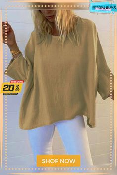 Casual 3/4 Sleeve Round Neck Top Khaki Long Sleeve Tops For Spring, Solid Color Half Sleeve Tops For Spring, Spring Solid Color Half Sleeve Tops, Oversized Half Sleeve Tops For Fall, Casual Beige Half Sleeve Blouse, Solid Color Relaxed Fit Top With 3/4 Sleeves, Khaki Long Sleeve Solid Color Tops, Oversized Long Sleeve Khaki Top, Khaki Long Sleeve Top