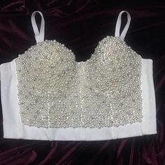 Beautiful Hand Beaded Crystal & Pearl Studded Elastic Bra Style Bustier By Composition. Perfect For White Party: - Adjustable & Removable Straps - Elastic Stretch - Measures 14 1/2” Across On First Row Of Hooks & 13 1/2” On Last Row Of Hooks - Size 38 - Brand New Came In Plastic No Tags Elegant Fitted Rhinestone Crop Top, Beaded Fitted Sleeveless Crop Top, Sleeveless Beaded Fitted Crop Top, Elegant Fitted Embellished Crop Top, Fitted Rhinestone Tops For Wedding, Elegant Fitted Corset With Rhinestones, Beaded Bustier, Bra Style, White Party