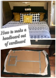 the bed is made out of cardboard and has a sign on it that says how to make a headboard out of cardboard