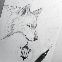 a drawing of a wolf with a birdcage on it's neck and head