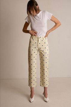 Loosely tailored cargo pant in a soft yet structured cotton. Straight leg with tie at ankle, cinch for a more tapered silhouette. Side pockets and oversized patch pockets above knee. Made in New York City. Fabric is 100% cotton. Ella is 6' tall, 35" bust, 26" waist, 36" hip, and is wearing a size 0. Printed Denim Pants, Tiny Cottons, Cargo Pant, Printed Denim, Printed Pants, Denim Pant, Above Knee, Sale Design, Casual Pants