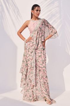 Mosina – Sania Maskatiya International Floral Print Georgette Pre-draped Saree, Floral Print Pre-draped Georgette Saree, Elegant Pre-draped Georgette Saree With Printed Motifs, Festive Pre-draped Saree With Floral Print And Traditional Drape, Festive Chiffon Saree With Ruffles, Floral Print Chiffon Sets, Chiffon Pre-draped Saree With Ruffles, Festive Pre-draped Saree With Floral Print, Festive Ruffled Chiffon Saree