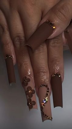 Brown Nails With Butterflies, Brown Acrylic Nails, Brown Nail, Long Acrylic Nail Designs, Nagel Tips, Colored Acrylic Nails, Nails Design With Rhinestones, Girly Acrylic Nails, Her Nails