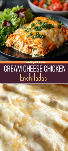 a plate with cheese chicken enchiladas on it, and the title overlay reads cream cheese chicken enchiladas