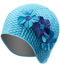 Sporti Floral Bubble Swim Cap at SwimOutlet.com Adjustable Uv Protection Hat For Swimming, Blue Hats With Uv Protection For Pool, Blue Sports Hat With Uv Protection, Water Fitness, Peter And The Starcatcher, Bathing Cap, Synchronized Swimming, Rubber Texture, 90s Inspired Outfits