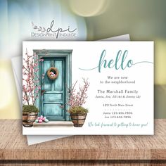 a blue door is on the front of a card