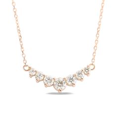 This timelessly gorgeous diamond necklace showcases brilliant white diamonds set in a lustrous 14k rose gold curved 7 stone pendant setting creating an eye-catching and chic look. The 7 diamond pendant hangs gorgeously from a solid 14k rose gold cable chain. The length of the gold chain can be adjusted to either 16" or 18" long to suit your style! This curved diamond necklace matches perfectly with our 7 stone diamond wedding bands and earrings. It can be made in your choice of white, rose, or y Unique Diamond Pendant, Round Diamond Necklace, Diamond Cluster Necklace, Necklace Diamond, Necklace Chain Lengths, Cluster Necklace, Eco Friendly Jewelry, Custom Ring Designs, Unique Diamonds