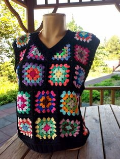 Multicolor Sleeveless Crochet Top With Granny Square, Multicolor Sleeveless Granny Square Top, Patchwork Granny Square, Granny Square Top, Square Sweater, Handmade Vest, Granny Square Sweater, Patchwork Sweater, Vest For Women